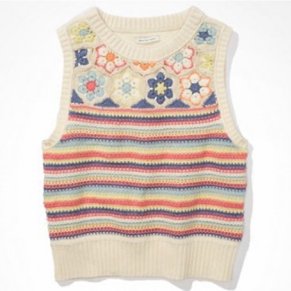 American Eagle Knit Floral Striped Sleeveless Sweater Size Small